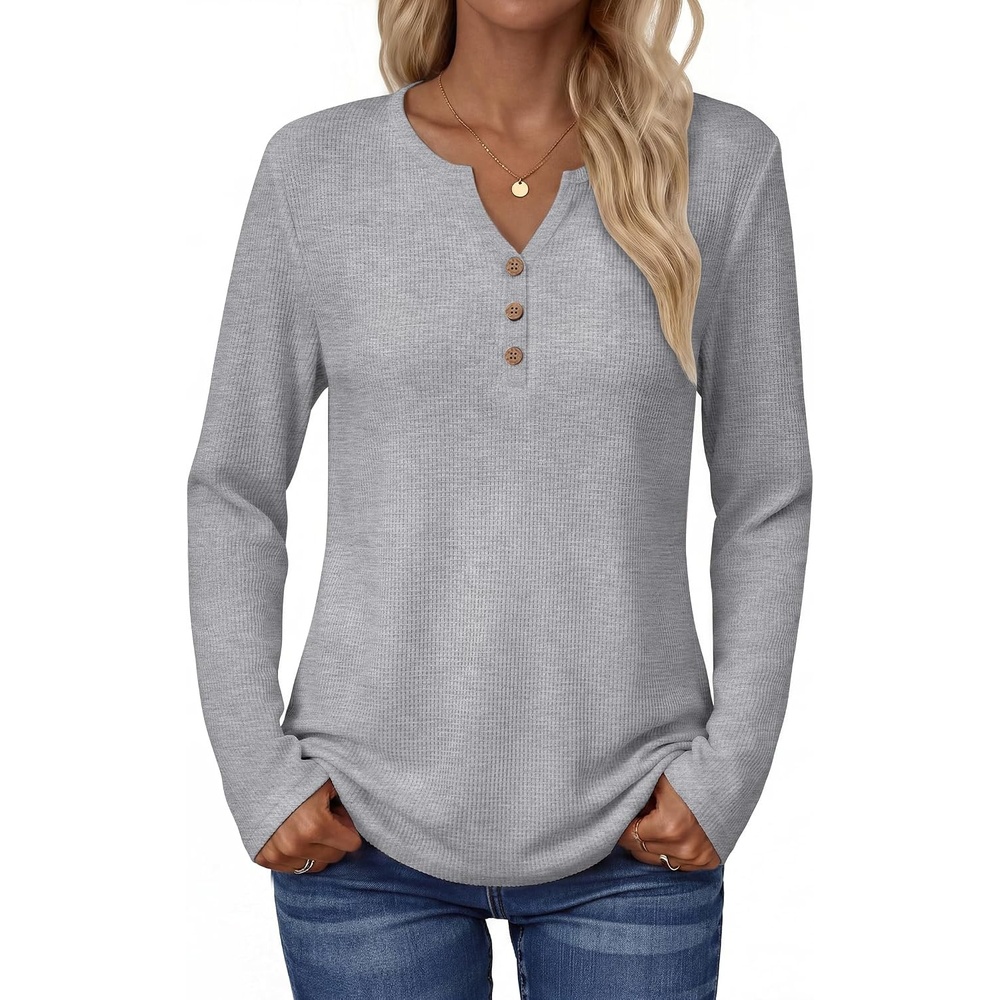 image:imageZeagoo Womens Long Sleeve Waffle Knit Shirts Dressy Casual Loose Button Up V Neck Tops 2026 Fall Basic Tee BlouseLight Grey