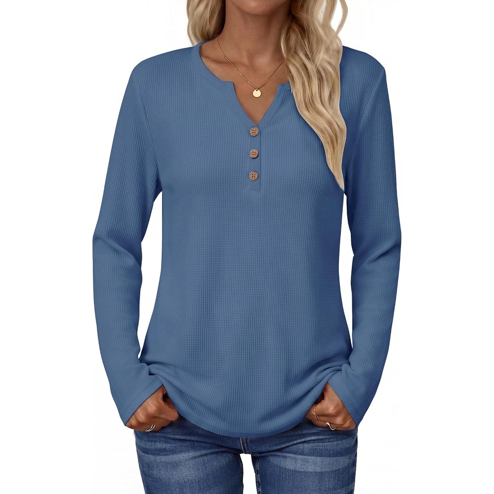 image:imageZeagoo Womens Long Sleeve Waffle Knit Shirts Dressy Casual Loose Button Up V Neck Tops 2026 Fall Basic Tee BlouseNavy Blue