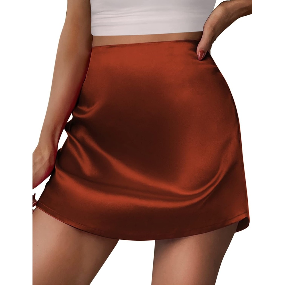 image:imageZeagoo Womens Mini Skirts Elastic High Waisted Skirts Stain ALine Zipper Party Club Skirt 2026Caramel Colour