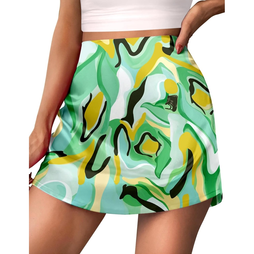 image:imageZeagoo Womens Mini Skirts Elastic High Waisted Skirts Stain ALine Zipper Party Club Skirt 2026Green Floral