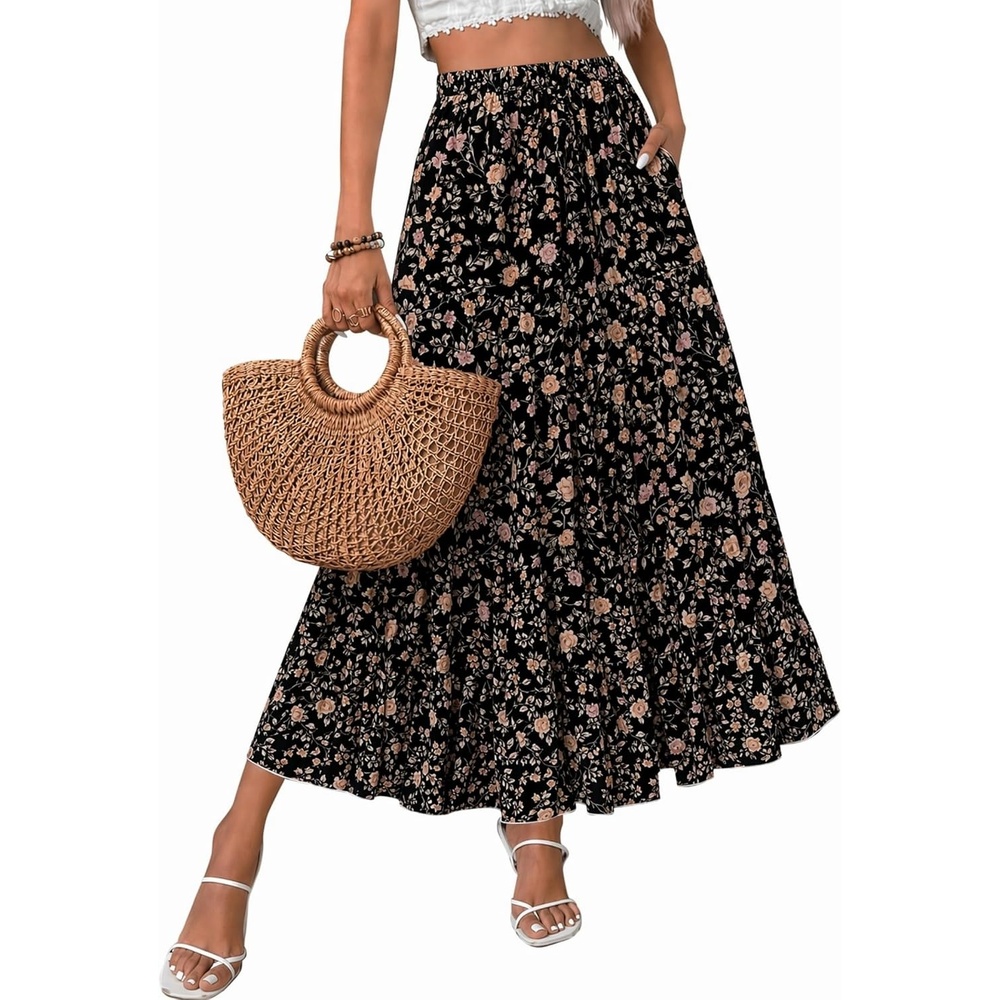 image:imageZeagoo Womens Skirt Chiffon Elastic High Waist Maxi Skirt with Pockets Chiffon Elastic Waist Flowy A Line 3 Tiered Pleated Skirt With Pockets for Work Beach amp Travel VacationXh532