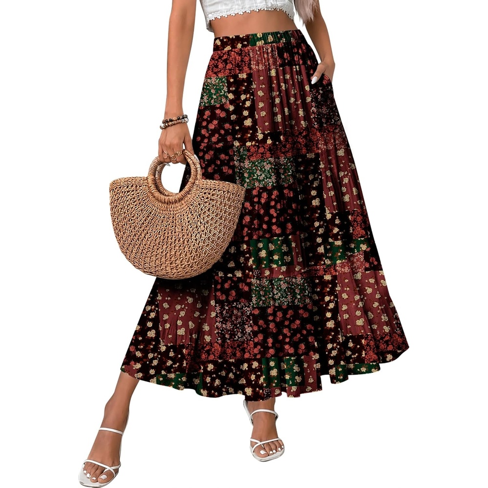 image:imageZeagoo Womens Skirt Chiffon Elastic High Waist Maxi Skirt with Pockets Chiffon Elastic Waist Flowy A Line 3 Tiered Pleated Skirt With Pockets for Work Beach amp Travel VacationXh585