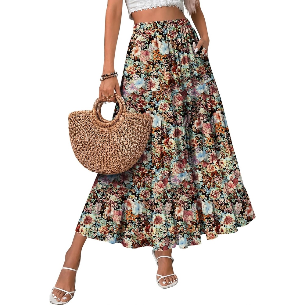 image:imageZeagoo Womens Skirt Chiffon Elastic High Waist Maxi Skirt with Pockets Chiffon Elastic Waist Flowy A Line 3 Tiered Pleated Skirt With Pockets for Work Beach amp Travel Vacation04wf66