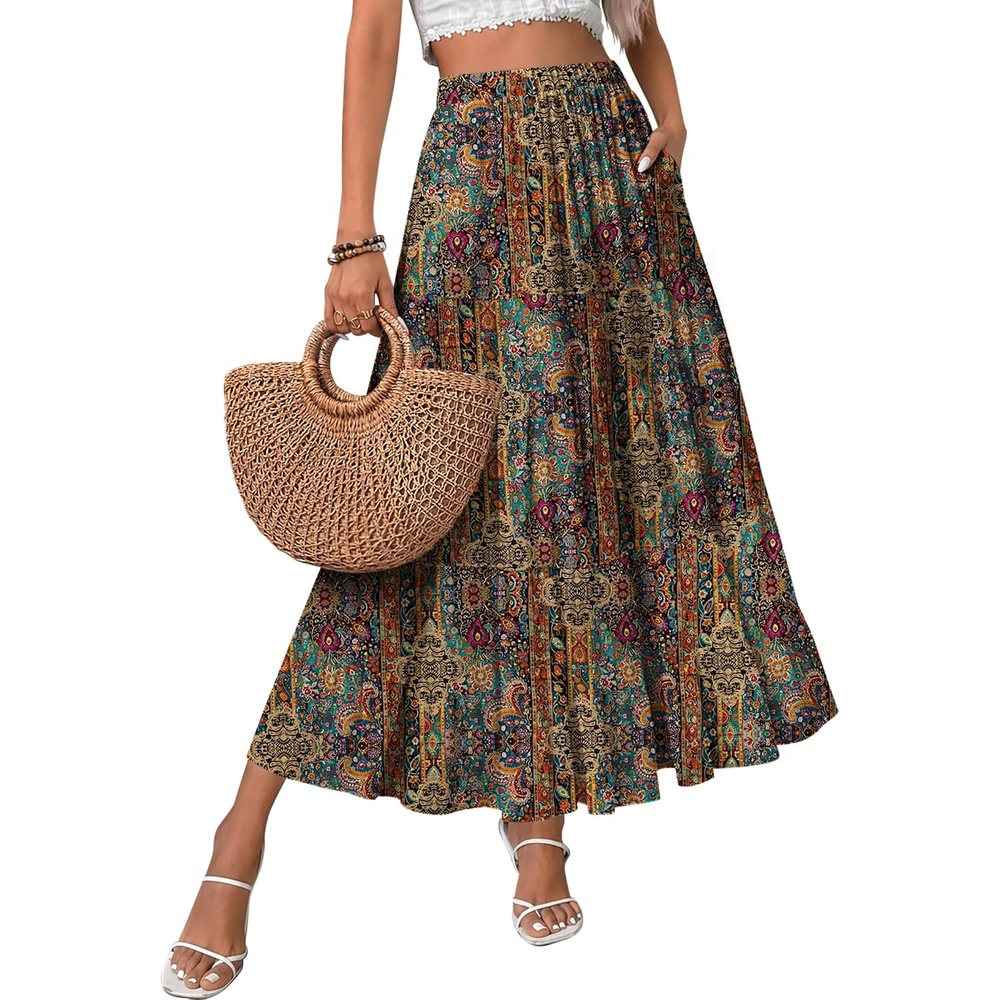 image:imageZeagoo Womens Skirt Chiffon Elastic High Waist Maxi Skirt with Pockets Chiffon Elastic Waist Flowy A Line 3 Tiered Pleated Skirt With Pockets for Work Beach amp Travel VacationMz721