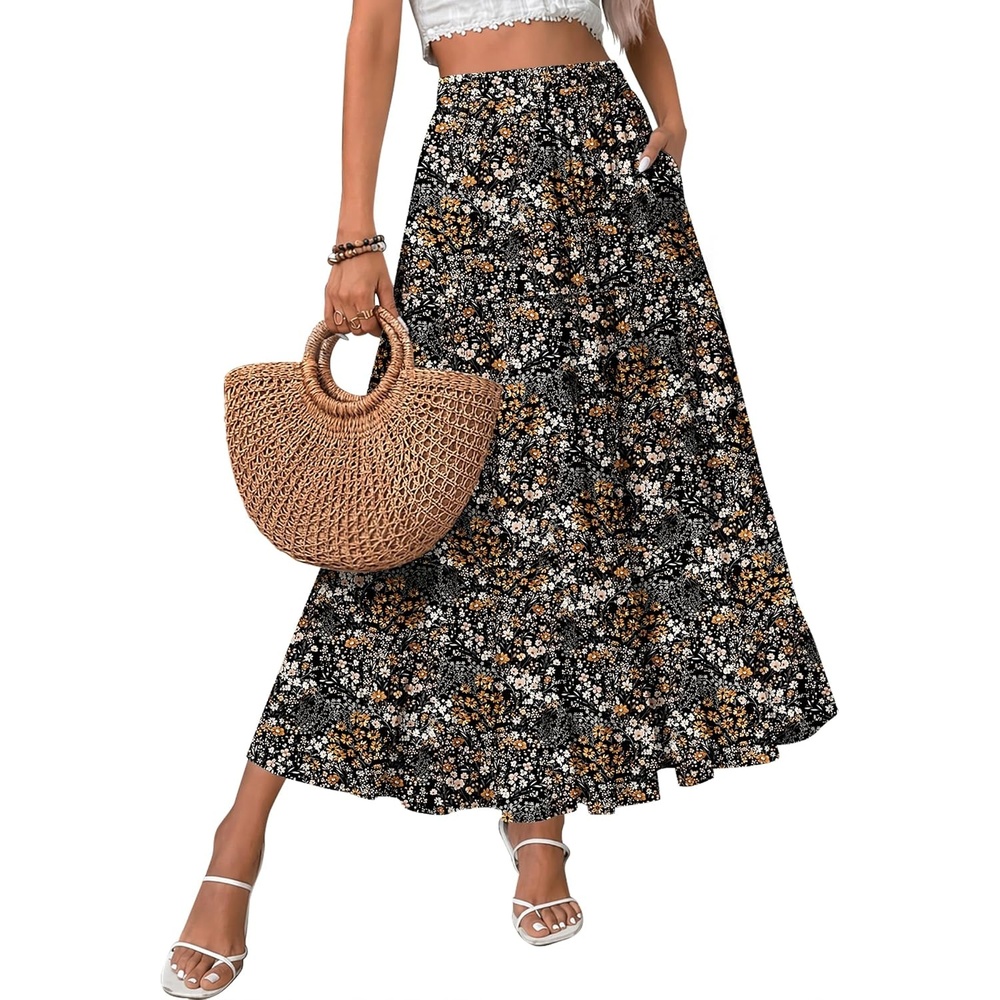 image:imageZeagoo Womens Skirt Chiffon Elastic High Waist Maxi Skirt with Pockets Chiffon Elastic Waist Flowy A Line 3 Tiered Pleated Skirt With Pockets for Work Beach amp Travel Vacation03xh566