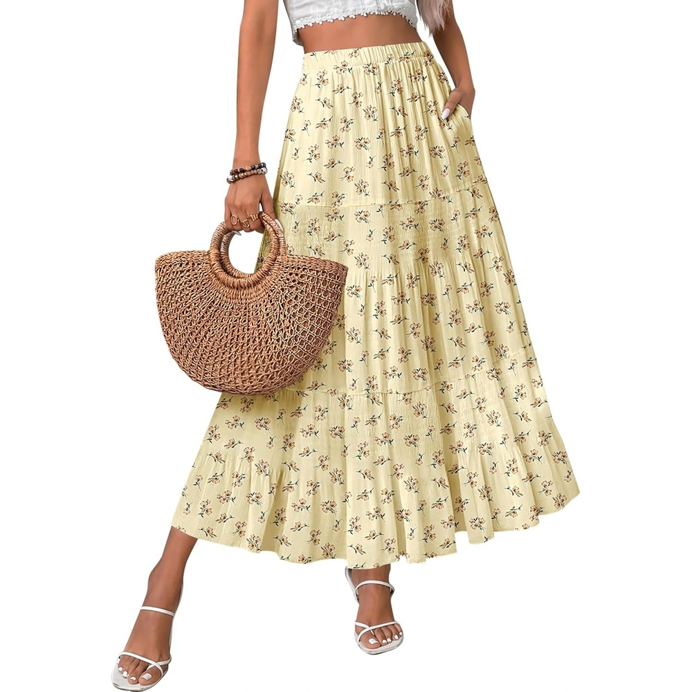 image:imageZeagoo Womens Skirt Chiffon Elastic High Waist Maxi Skirt with Pockets Chiffon Elastic Waist Flowy A Line 3 Tiered Pleated Skirt With Pockets for Work Beach amp Travel VacationXh582