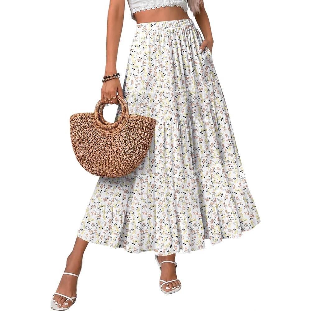 image:imageZeagoo Womens Skirt Chiffon Elastic High Waist Maxi Skirt with Pockets Chiffon Elastic Waist Flowy A Line 3 Tiered Pleated Skirt With Pockets for Work Beach amp Travel VacationXh584