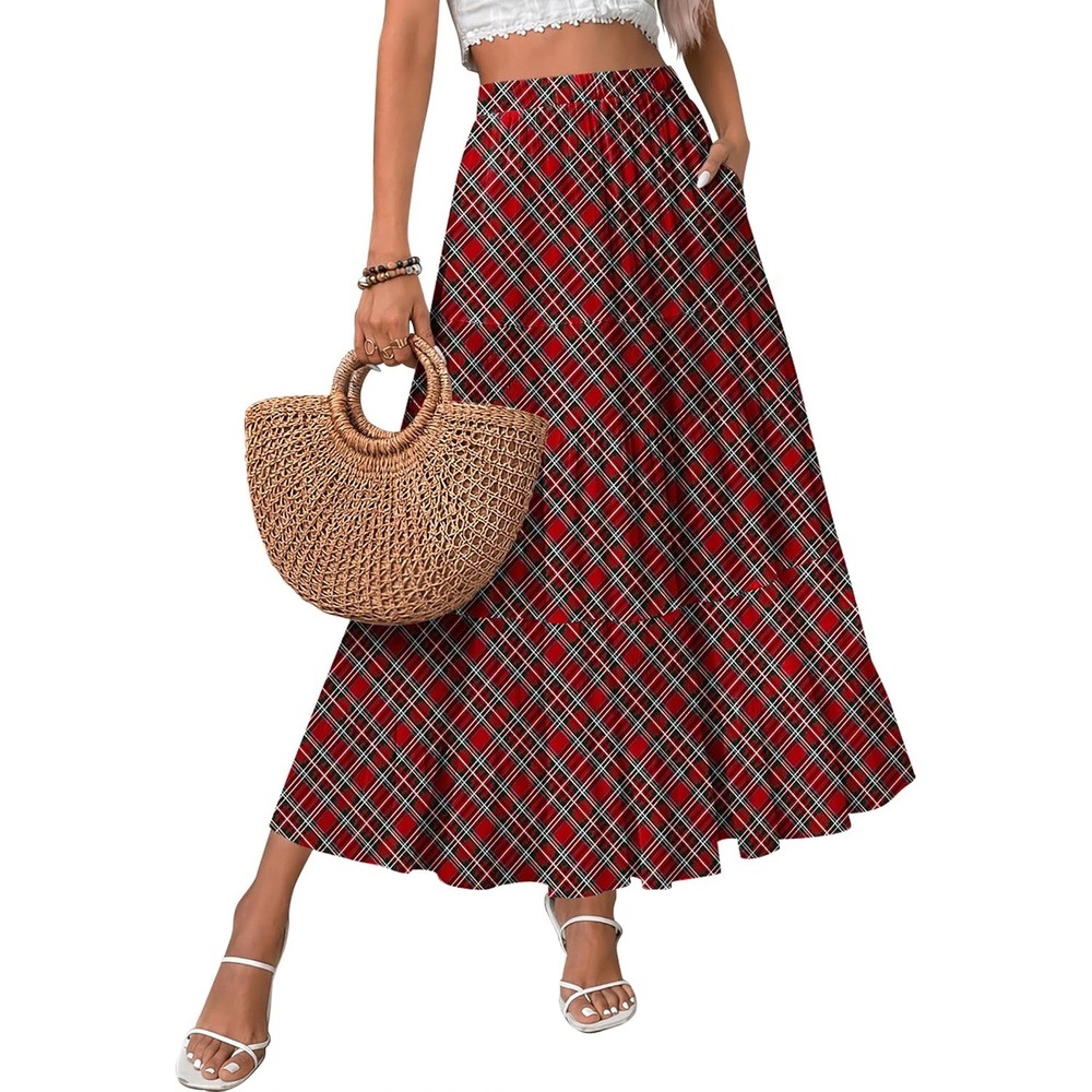 image:imageZeagoo Womens Skirt Chiffon Elastic High Waist Maxi Skirt with Pockets Chiffon Elastic Waist Flowy A Line 3 Tiered Pleated Skirt With Pockets for Work Beach amp Travel VacationGz53