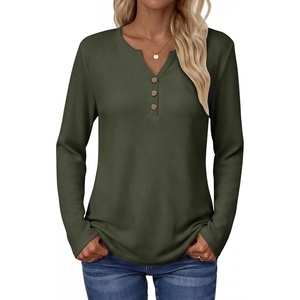 Zeagoo Women’s Long Sleeve Waffle Knit Shirts Dressy Casual Loose Button Up V Neck Tops 2026 Fall Basic Tee Blouse(Army Green)