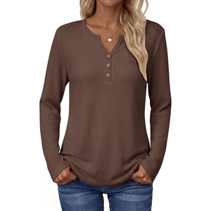 Zeagoo Women’s Long Sleeve Waffle Knit Shirts Dressy Casual Loose Button Up V Neck Tops 2026 Fall Basic Tee Blouse(Brown)