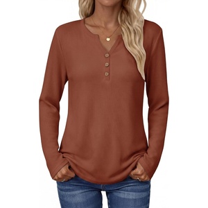 Zeagoo Women’s Long Sleeve Waffle Knit Shirts Dressy Casual Loose Button Up V Neck Tops 2026 Fall Basic Tee Blouse(Caramel)