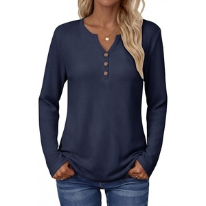 Zeagoo Women’s Long Sleeve Waffle Knit Shirts Dressy Casual Loose Button Up V Neck Tops 2026 Fall Basic Tee Blouse(Dark Blue)