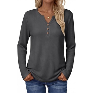 Zeagoo Women’s Long Sleeve Waffle Knit Shirts Dressy Casual Loose Button Up V Neck Tops 2026 Fall Basic Tee Blouse(Dark Grey)