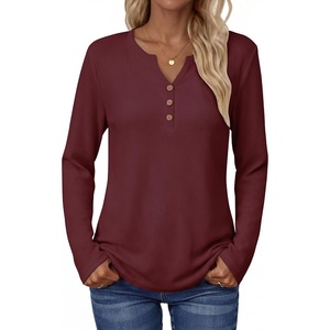 Zeagoo Women’s Long Sleeve Waffle Knit Shirts Dressy Casual Loose Button Up V Neck Tops 2026 Fall Basic Tee Blouse(Dark Red)
