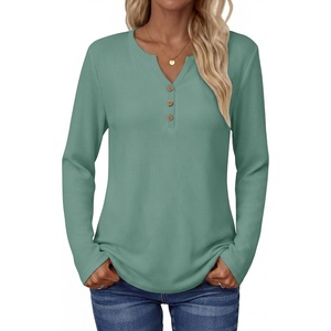 Zeagoo Women’s Long Sleeve Waffle Knit Shirts Dressy Casual Loose Button Up V Neck Tops 2026 Fall Basic Tee Blouse(Grayish Green)
