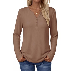 Zeagoo Women’s Long Sleeve Waffle Knit Shirts Dressy Casual Loose Button Up V Neck Tops 2026 Fall Basic Tee Blouse(Light Brown)