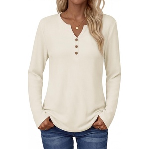 Zeagoo Women’s Long Sleeve Waffle Knit Shirts Dressy Casual Loose Button Up V Neck Tops 2026 Fall Basic Tee Blouse(Parchment)