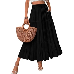 Zeagoo Women’s Skirt Chiffon Elastic High Waist Maxi Skirt with Pockets | Chiffon Elastic Waist Flowy A Line 3 Tiered Pleated Skirt With Pockets, for Work, Beach & Travel Vacation(02-black)