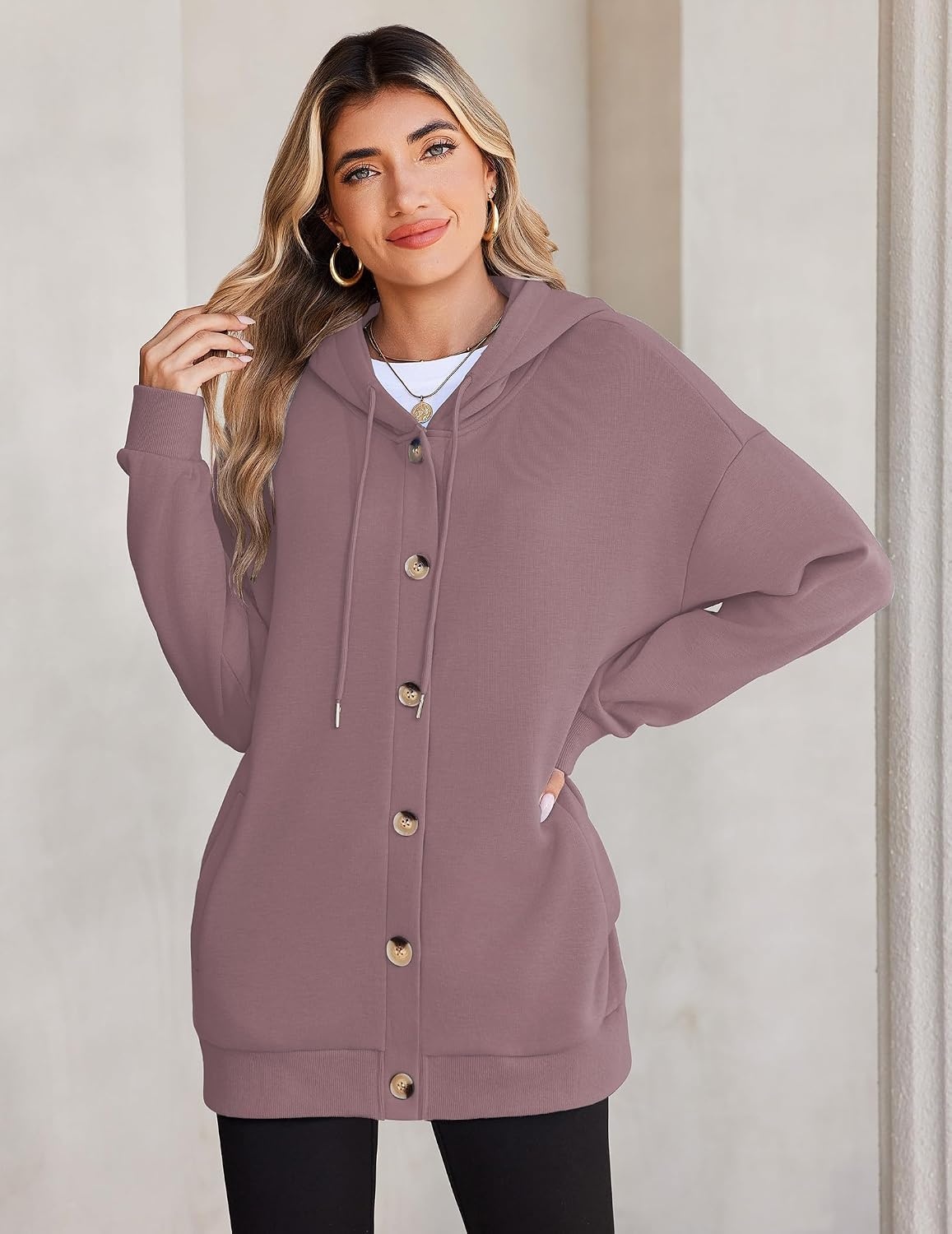image:imageZeagoo Hoodie for Women Hooded Sweatshirt Button Hoodies With Pockets Comfy Fleece Jackets 2026 Fashion S3XLAsh Pink