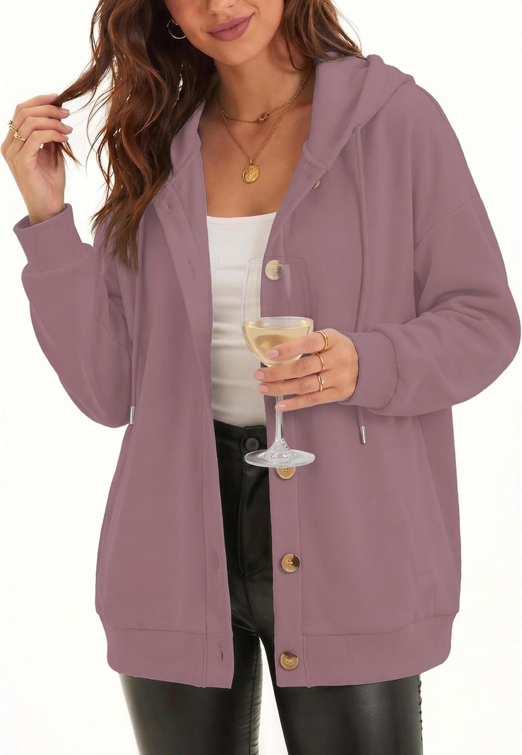 image:imageZeagoo Hoodie for Women Hooded Sweatshirt Button Hoodies With Pockets Comfy Fleece Jackets 2026 Fashion S3XLAsh Pink