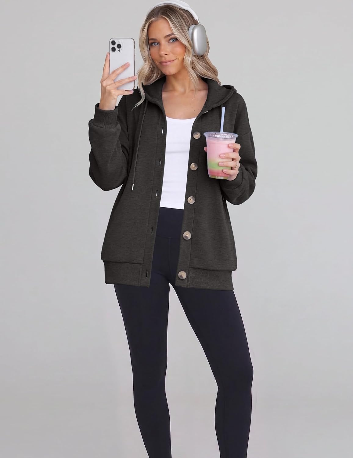image:imageZeagoo Hoodie for Women Hooded Sweatshirt Button Hoodies With Pockets Comfy Fleece Jackets 2026 Fashion S3XLDark Gray