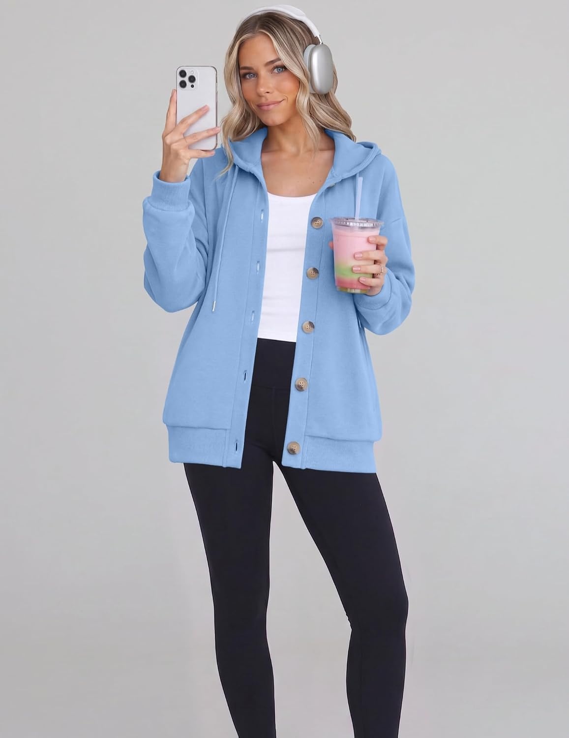 image:imageZeagoo Hoodie for Women Hooded Sweatshirt Button Hoodies With Pockets Comfy Fleece Jackets 2026 Fashion S3XLLight Blue