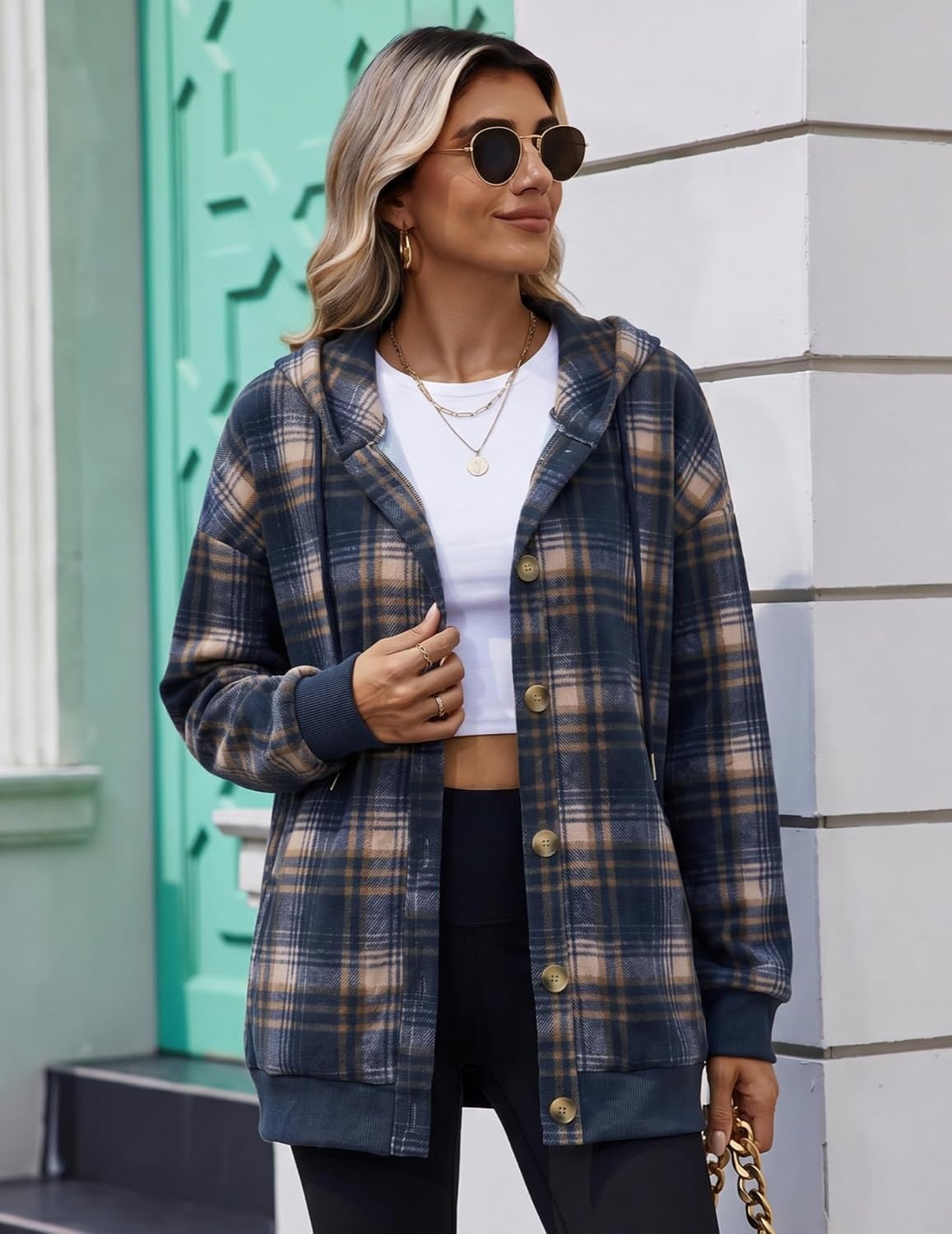 image:imageZeagoo Hoodie for Women Hooded Sweatshirt Button Hoodies With Pockets Comfy Fleece Jackets 2026 Fashion S3XLNavy Plaid