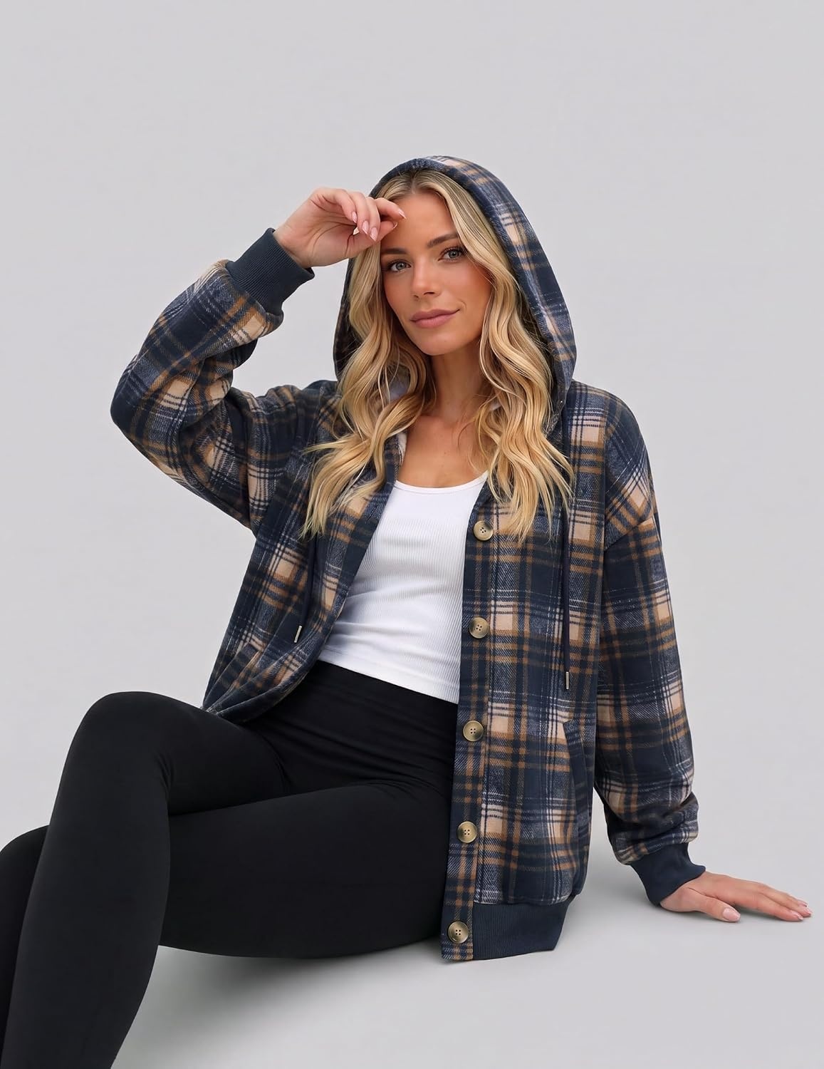 image:imageZeagoo Hoodie for Women Hooded Sweatshirt Button Hoodies With Pockets Comfy Fleece Jackets 2026 Fashion S3XLNavy Plaid