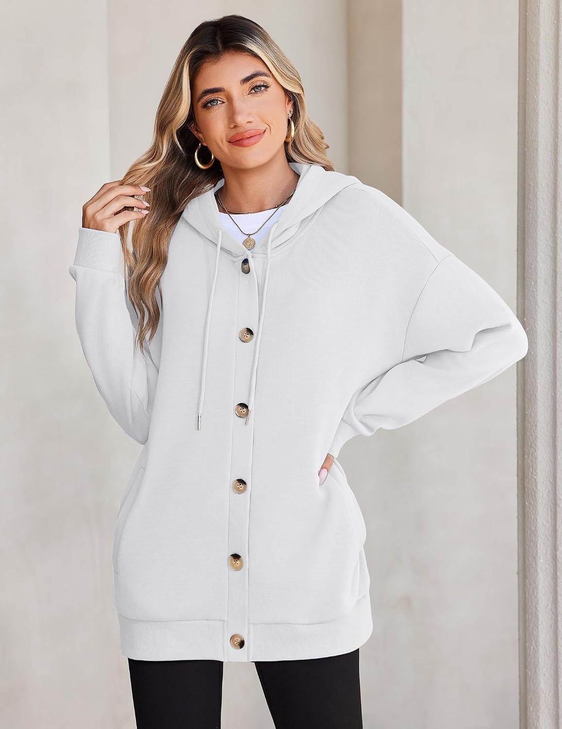 image:imageZeagoo Hoodie for Women Hooded Sweatshirt Button Hoodies With Pockets Comfy Fleece Jackets 2026 Fashion S3XLWhite