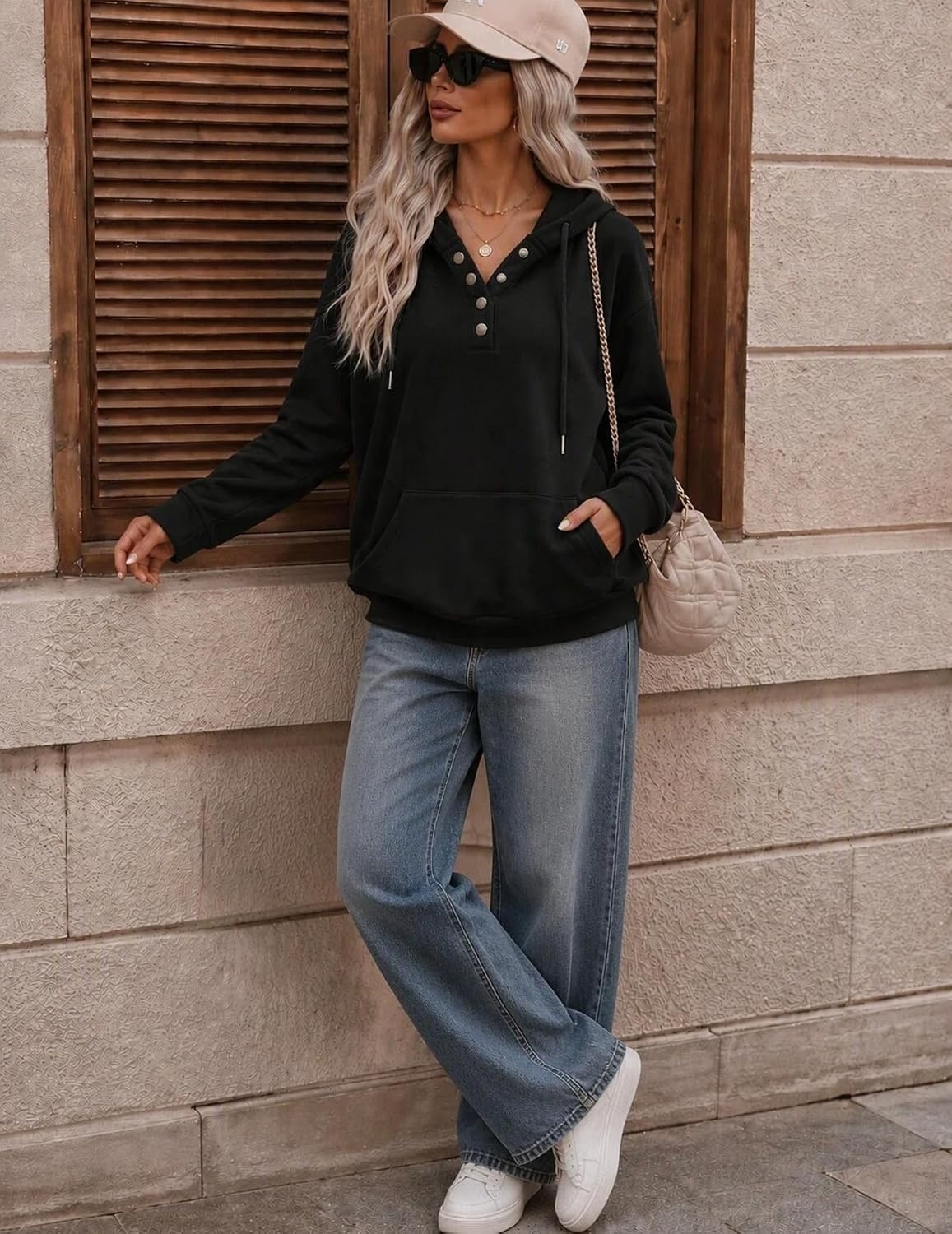 image:imageZeagoo Hoodies for Women Casual Button Collar Drawstring Long Sleeve Hooded Sweatshirt Pullover Tops for Fall Winter 2026A01black