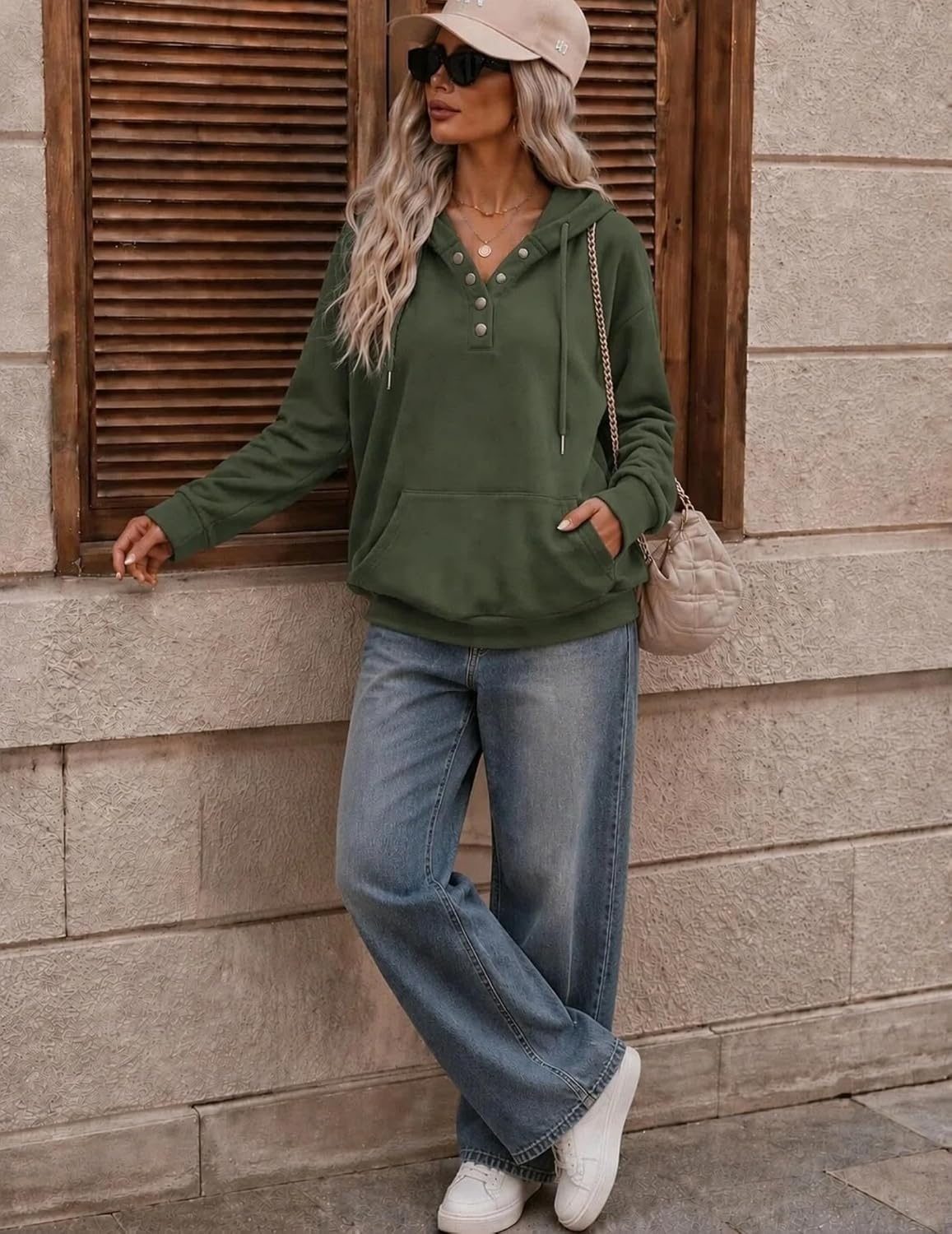 image:imageZeagoo Hoodies for Women Casual Button Collar Drawstring Long Sleeve Hooded Sweatshirt Pullover Tops for Fall Winter 2026Army Green