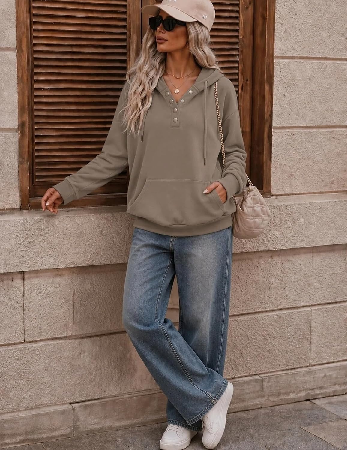 image:imageZeagoo Hoodies for Women Casual Button Collar Drawstring Long Sleeve Hooded Sweatshirt Pullover Tops for Fall Winter 2026Coffee Grey