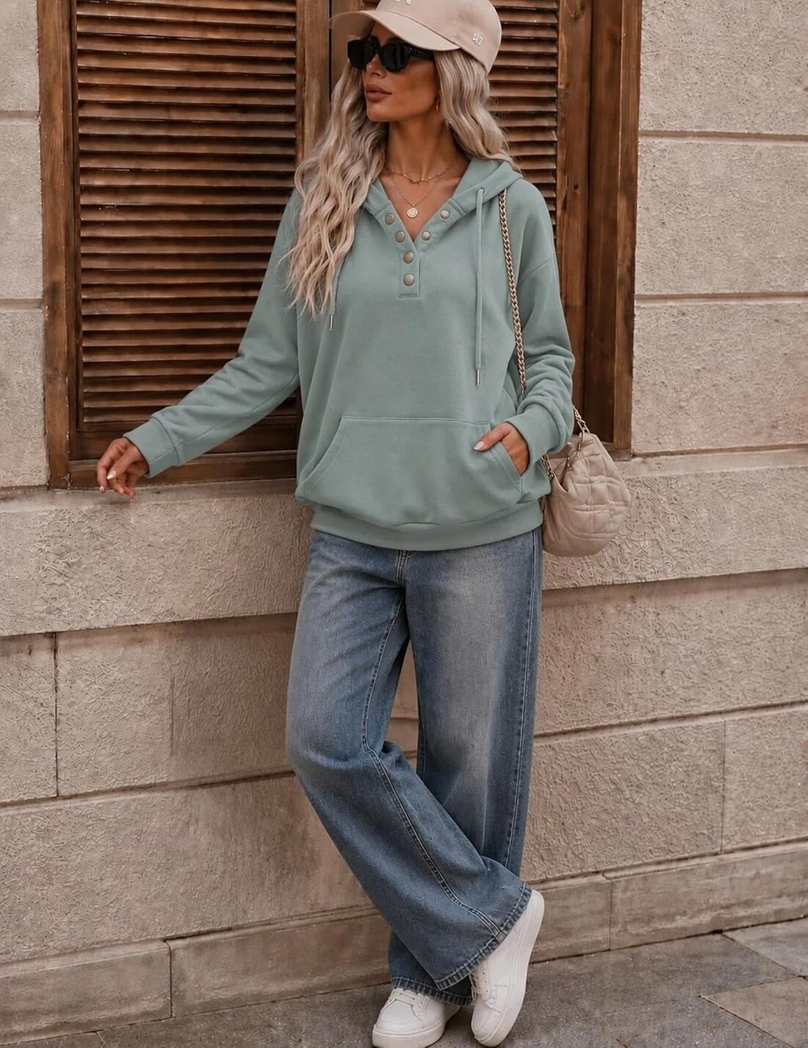 image:imageZeagoo Hoodies for Women Casual Button Collar Drawstring Long Sleeve Hooded Sweatshirt Pullover Tops for Fall Winter 2026Gray Green