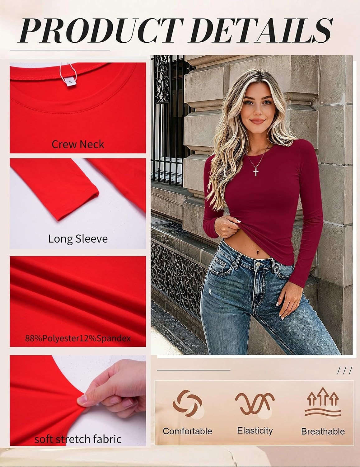 image:imageZeagoo Women Long Sleeve Shirts Slim Fit Going Out Tops Crewneck Basic Tee Stretchy Fitted Tops for Casual Versatile TShirt Soft Layering Shirts Perfect for Summer and Fall OutfitsWine Red