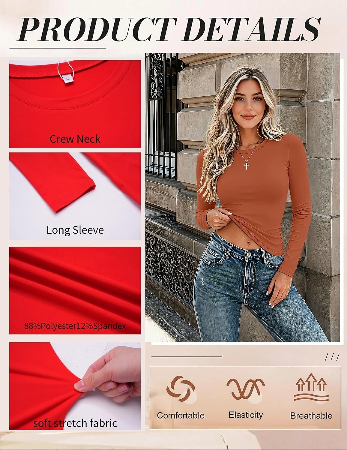 image:imageZeagoo Women Long Sleeve Shirts Slim Fit Going Out Tops Crewneck Basic Tee Stretchy Fitted Tops for Casual Versatile TShirt Soft Layering Shirts Perfect for Summer and Fall OutfitsCaramel