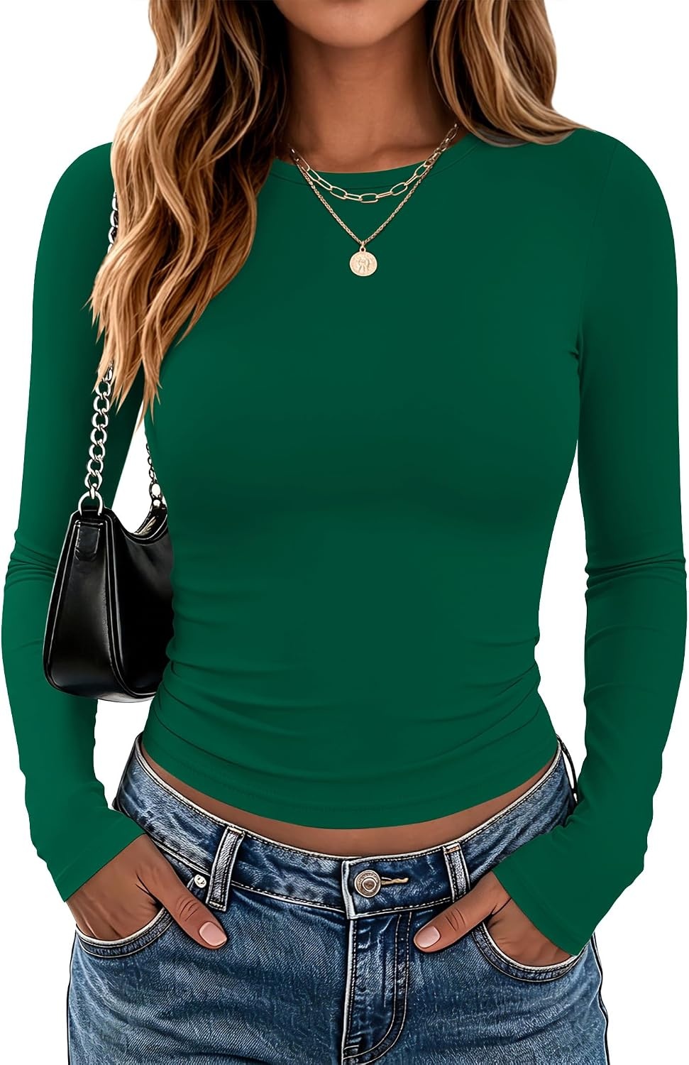 image:imageZeagoo Women Long Sleeve Shirts Slim Fit Going Out Tops Crewneck Basic Tee Stretchy Fitted Tops for Casual Versatile TShirt Soft Layering Shirts Perfect for Summer and Fall OutfitsGreen