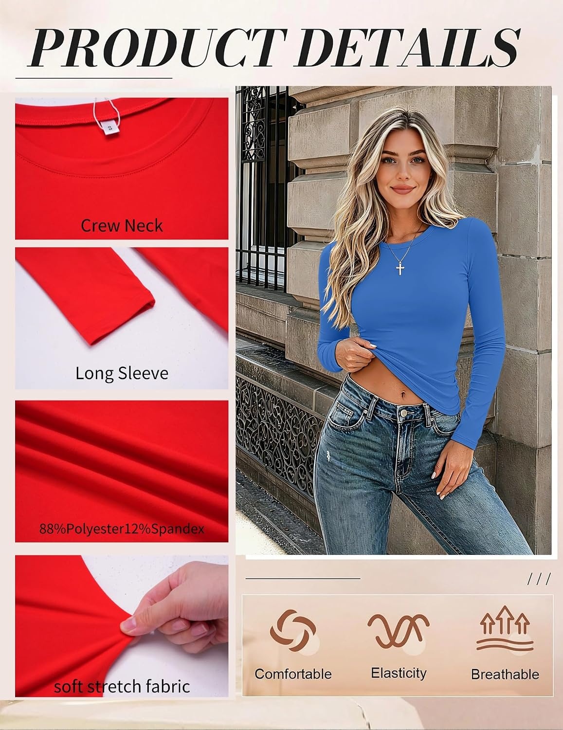 image:imageZeagoo Women Long Sleeve Shirts Slim Fit Going Out Tops Crewneck Basic Tee Stretchy Fitted Tops for Casual Versatile TShirt Soft Layering Shirts Perfect for Summer and Fall OutfitsBlue