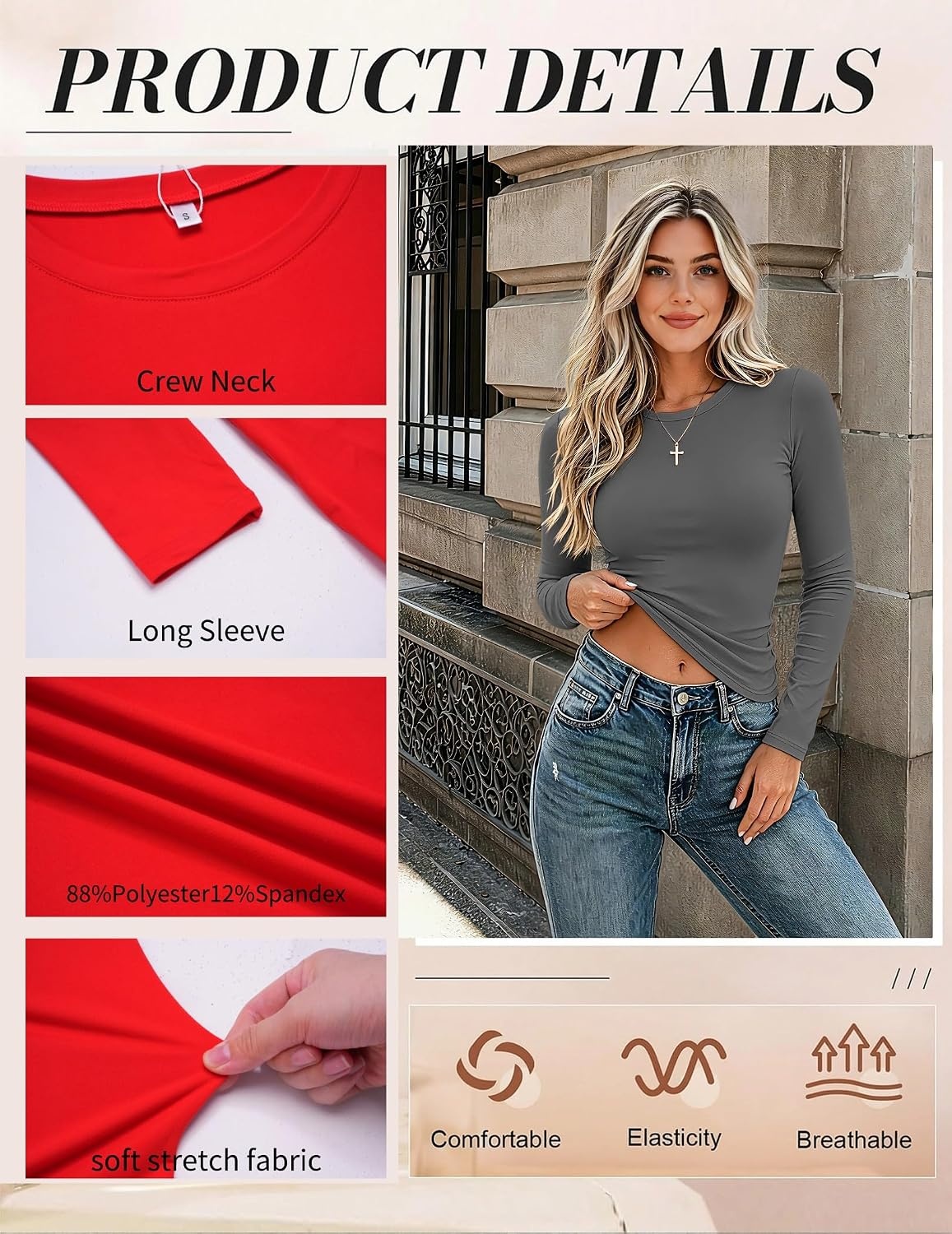 image:imageZeagoo Women Long Sleeve Shirts Slim Fit Going Out Tops Crewneck Basic Tee Stretchy Fitted Tops for Casual Versatile TShirt Soft Layering Shirts Perfect for Summer and Fall OutfitsDark Gray