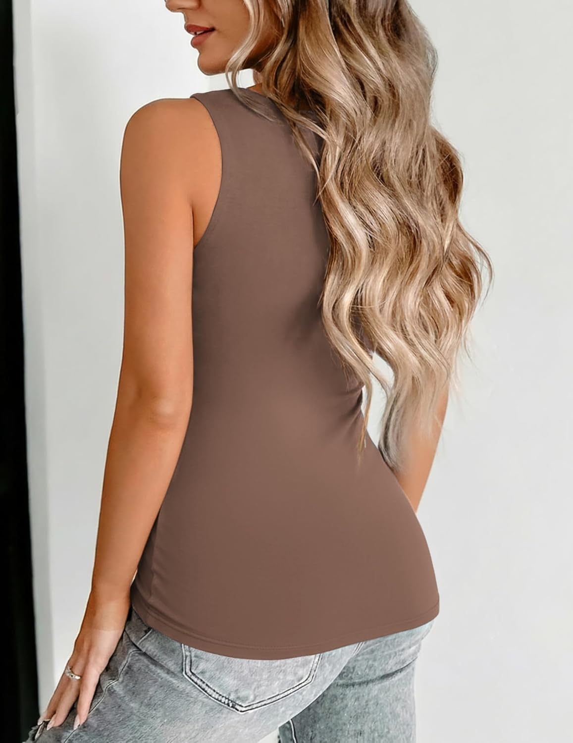 image:imageZeagoo Womens Double Lined V Neck Tank Tops Summer Slim Fit Outfits Casual Basic Layering Tank Tops Sleeveless Tops For Women Cute Going Out Tops Womens Summer Tops Women Fall ClothesBrown