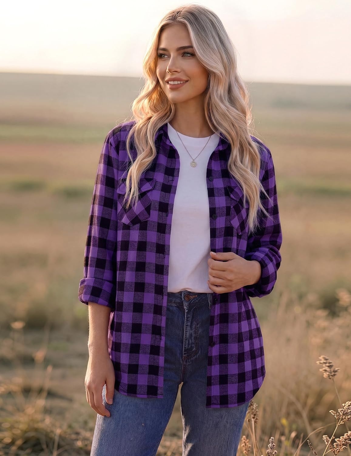 image:imageZeagoo Womens Plaid Flannel Shirt Long Sleeve Top Casual Button Down Blouse Flannel Plaid ShirtCotton FabricLoose Fit BlouseBusiness Casual Outfits2026 Fashion Fall Western Shacket JacketPurple Black