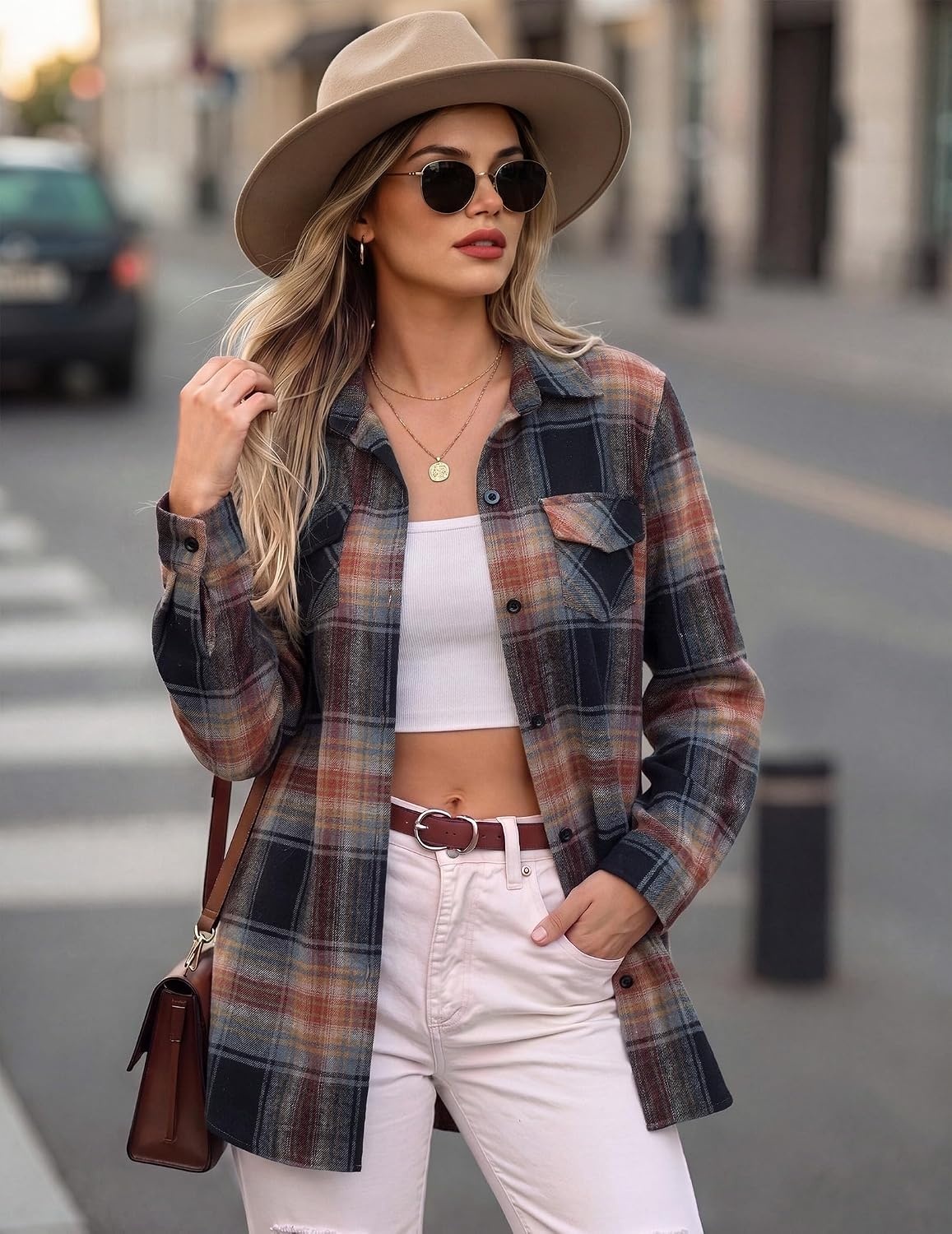image:imageZeagoo Womens Plaid Flannel Shirt Long Sleeve Top Casual Button Down Blouse Flannel Plaid ShirtCotton FabricLoose Fit BlouseBusiness Casual Outfits2026 Fashion Fall Western Shacket JacketCaramel Black