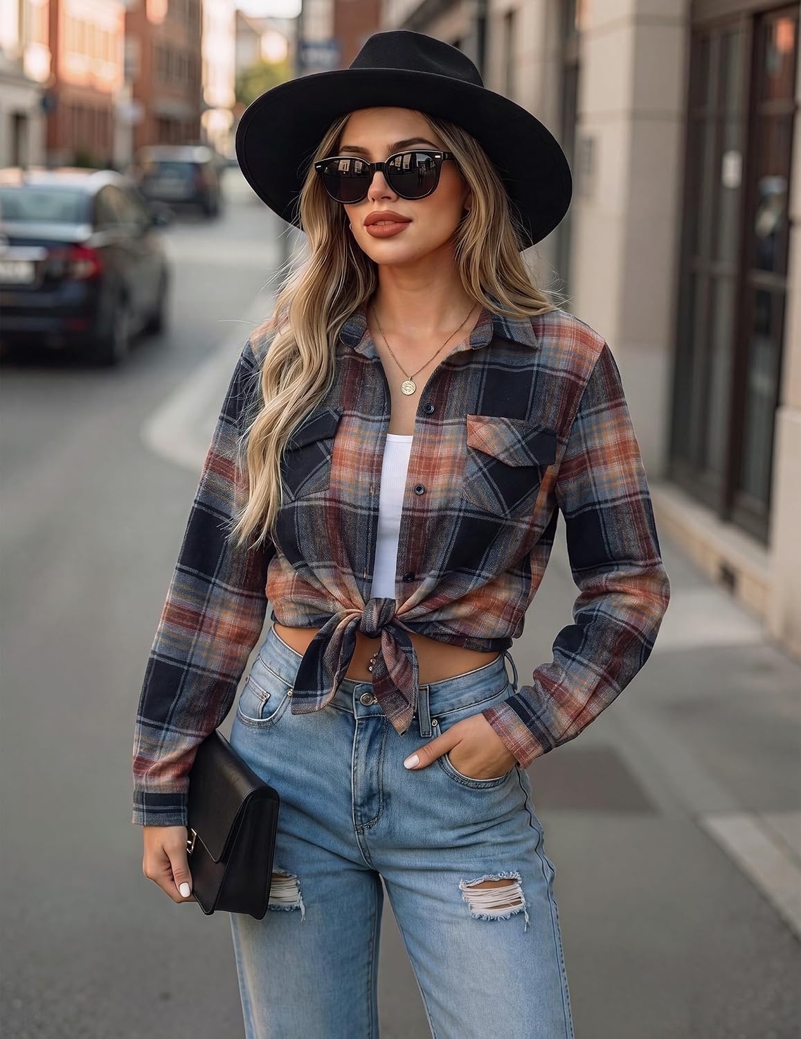 image:imageZeagoo Womens Plaid Flannel Shirt Long Sleeve Top Casual Button Down Blouse Flannel Plaid ShirtCotton FabricLoose Fit BlouseBusiness Casual Outfits2026 Fashion Fall Western Shacket JacketCaramel Black
