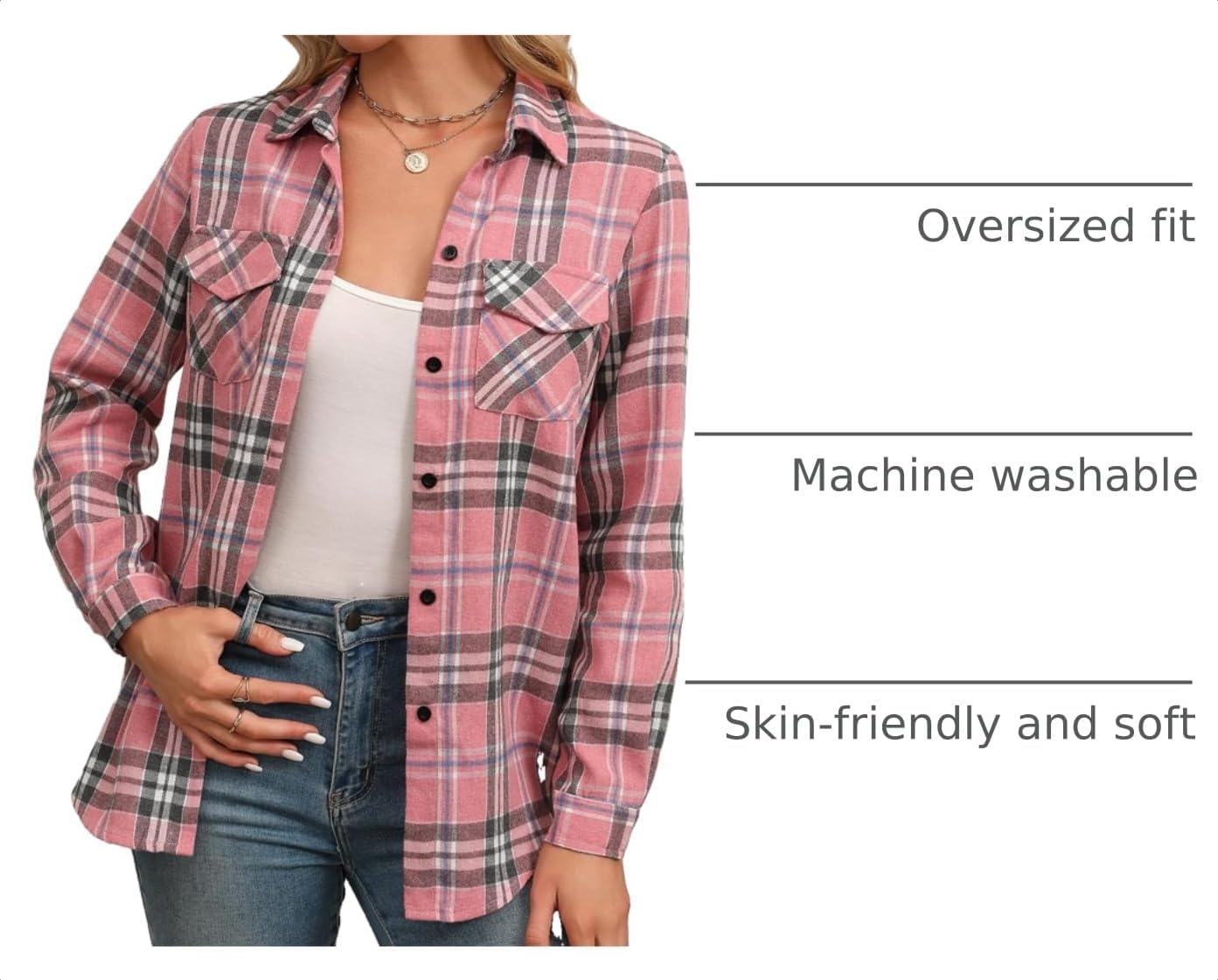 image:imageZeagoo Womens Plaid Flannel Shirt Long Sleeve Top Casual Button Down Blouse Flannel Plaid ShirtCotton FabricLoose Fit BlouseBusiness Casual Outfits2026 Fashion Fall Western Shacket JacketPink2