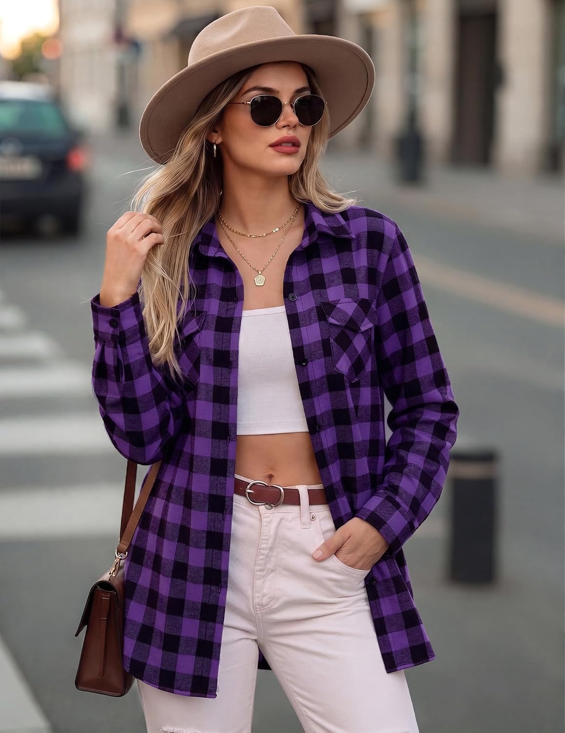 image:imageZeagoo Womens Plaid Flannel Shirt Long Sleeve Top Casual Button Down Blouse Flannel Plaid ShirtCotton FabricLoose Fit BlouseBusiness Casual Outfits2026 Fashion Fall Western Shacket JacketPurple Black