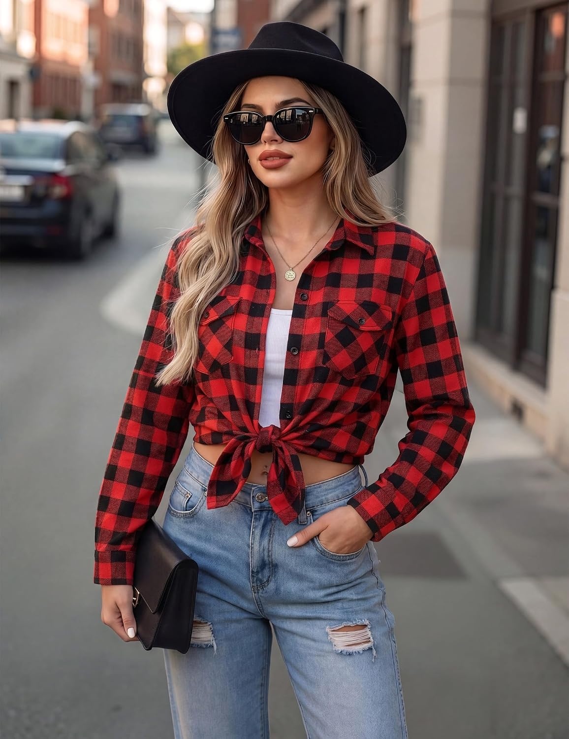 image:imageZeagoo Womens Plaid Flannel Shirt Long Sleeve Top Casual Button Down Blouse Flannel Plaid ShirtCotton FabricLoose Fit BlouseBusiness Casual Outfits2026 Fashion Fall Western Shacket Jacket1red