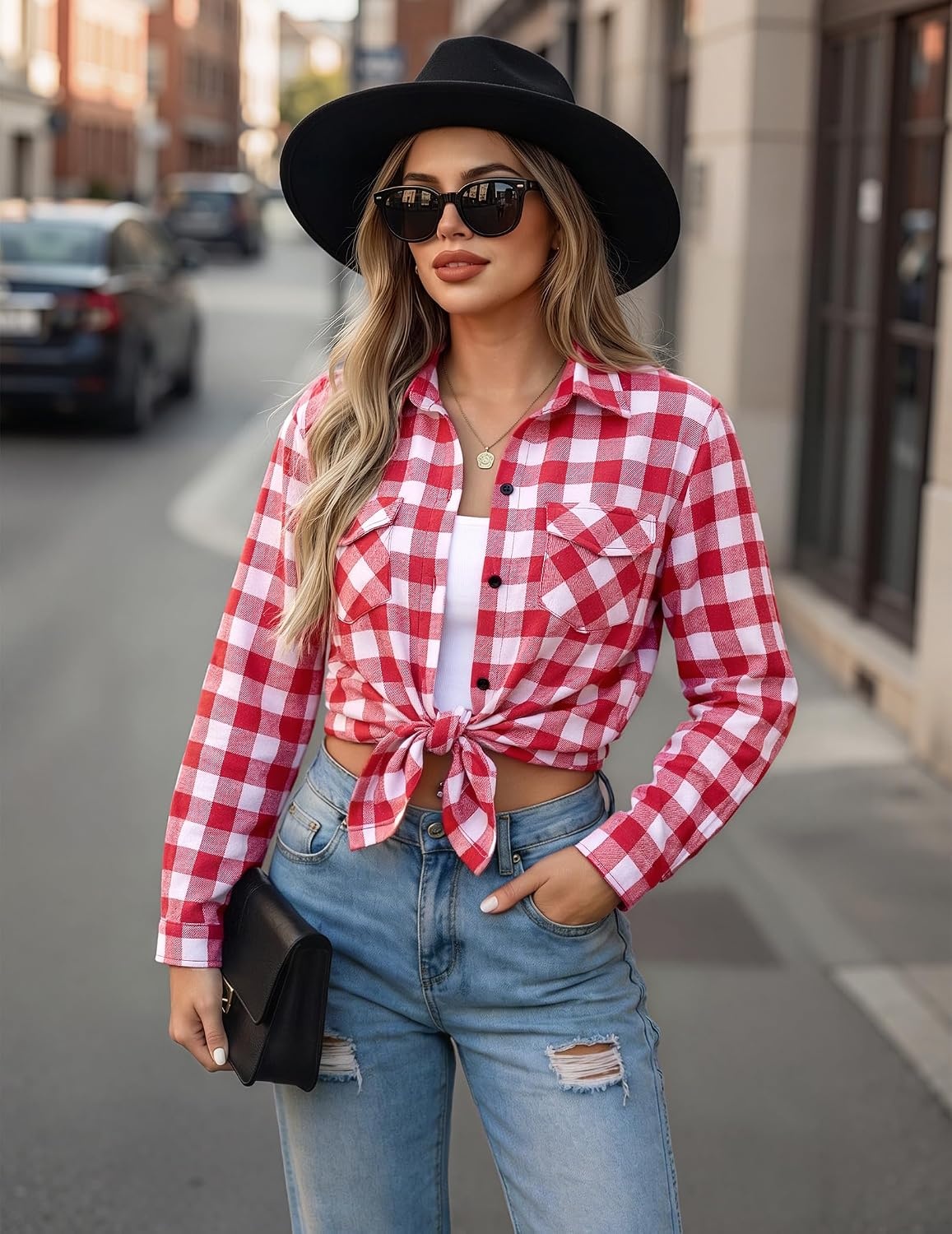 image:imageZeagoo Womens Plaid Flannel Shirt Long Sleeve Top Casual Button Down Blouse Flannel Plaid ShirtCotton FabricLoose Fit BlouseBusiness Casual Outfits2026 Fashion Fall Western Shacket Jacket1watermelon Red