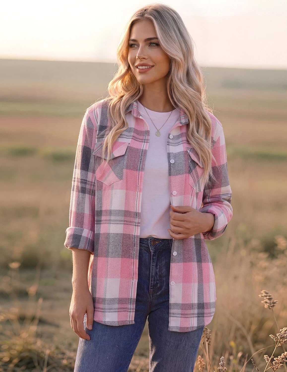 image:imageZeagoo Womens Plaid Flannel Shirt Long Sleeve Top Casual Button Down Blouse Flannel Plaid ShirtCotton FabricLoose Fit BlouseBusiness Casual Outfits2026 Fashion Fall Western Shacket JacketPink White