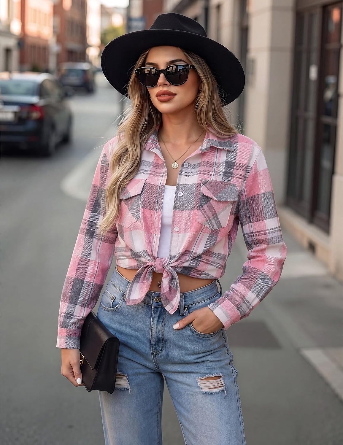 image:imageZeagoo Womens Plaid Flannel Shirt Long Sleeve Top Casual Button Down Blouse Flannel Plaid ShirtCotton FabricLoose Fit BlouseBusiness Casual Outfits2026 Fashion Fall Western Shacket JacketPink White