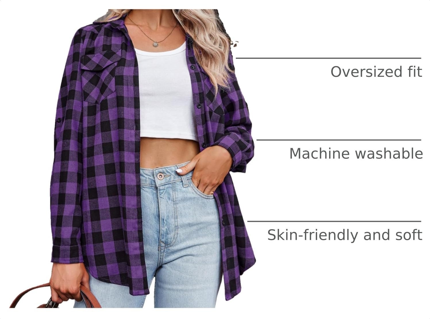 image:imageZeagoo Womens Plaid Flannel Shirt Long Sleeve Top Casual Button Down Blouse Flannel Plaid ShirtCotton FabricLoose Fit BlouseBusiness Casual Outfits2026 Fashion Fall Western Shacket JacketPurple Black