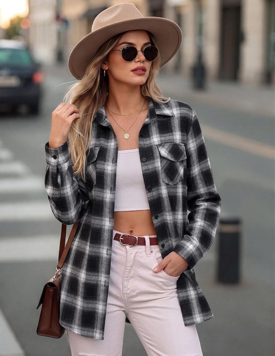 image:imageZeagoo Womens Plaid Flannel Shirt Long Sleeve Top Casual Button Down Blouse Flannel Plaid ShirtCotton FabricLoose Fit BlouseBusiness Casual Outfits2026 Fashion Fall Western Shacket JacketBlack White